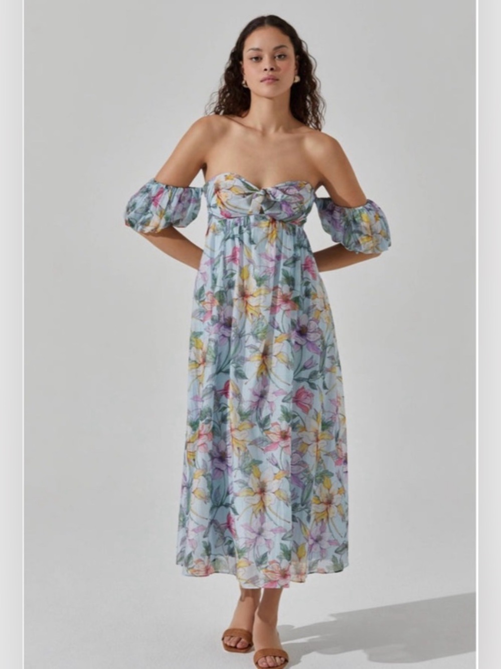 ASTR the Label Floral Off the Shoulder Midi Dress Blue Multi Tropical - Picture 11 of 12